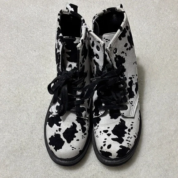 Black and White Cow Print Combat Boots - Picture 2 of 3